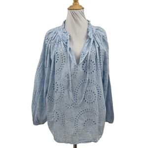 Meo Meli Blouse Womens OS One Size Blue Intuition Puff Sleeves Eyelet Tie Neck
